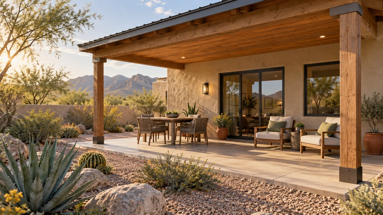 Illustrated covered outdoor space beside a desert home