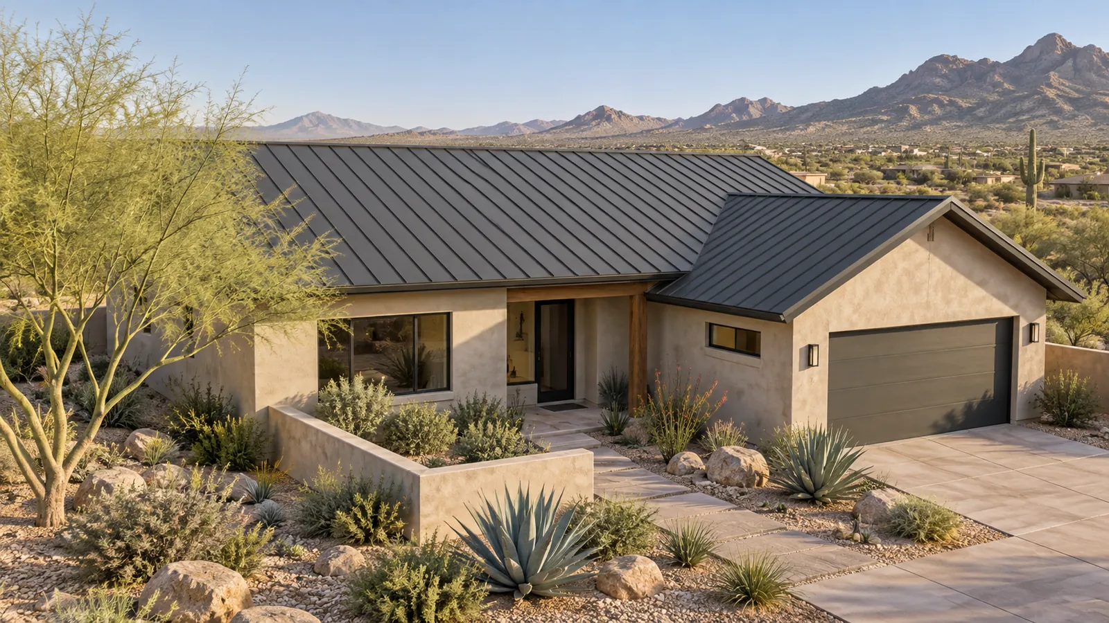 Architectural concept of a desert home with a standing seam metal roof